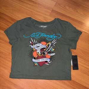 Ed Hardy Tee - Olive with Colorful Graphic